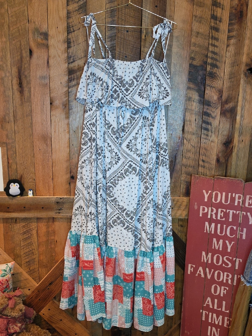 065p DAVI & DANI White Maxi Dress with Blue and Coral Patchwork